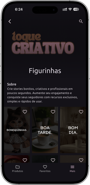 Tela do aplicativo Toque Criativo com figurinhas para stories
